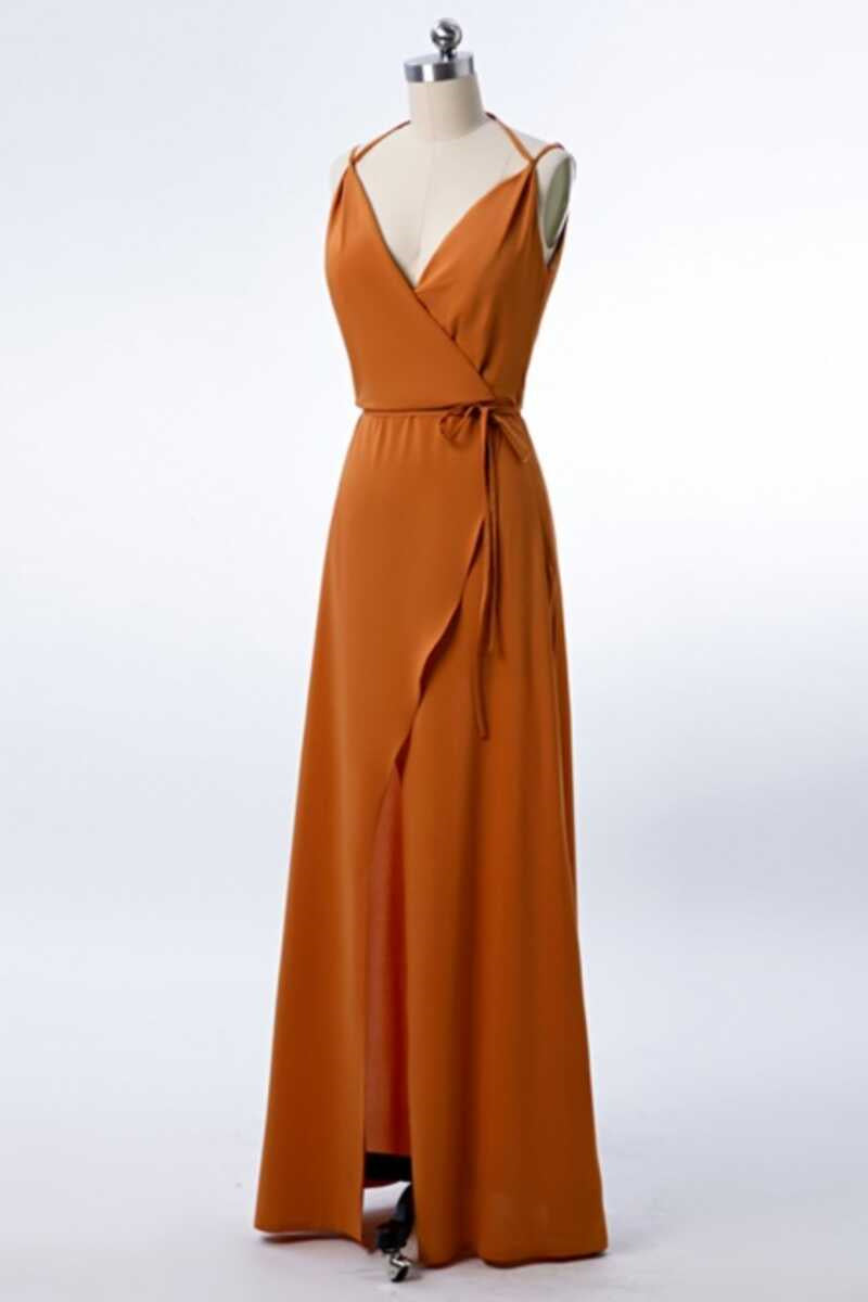 Elegant Wedding Dress, Burnt Orange Spaghetti Straps Long Bridesmaid Dress with Slit