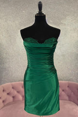 Long Formal Dress, Hunter Green Strapless Beaded Pleated Sheath Homecoming Dress