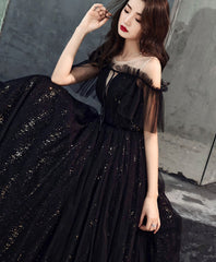 Homecoming Dresses Business Casual Outfits, Black Tulle Off Shoulder Long Prom Dress, Black Formal Dress