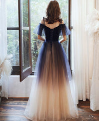 Prom Dresses Gowns, Blue Sweetheart Tulle Off Shoulder Long Prom Dress, Blue Evening Dress