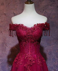 Formal Dress Website, Burgundy Tulle Lace Off Shoulder Long Prom Dress, Burgundy Lace Evening Dress