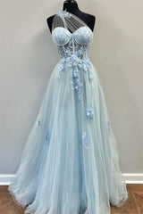 Prom Dress Chicago, One-Shoulder Light Blue Tulle 3D Floral Lace A-Line Prom Dress