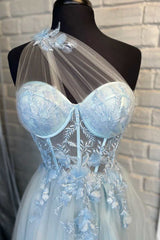 Prom Dresses Chicago, One-Shoulder Light Blue Tulle 3D Floral Lace A-Line Prom Dress
