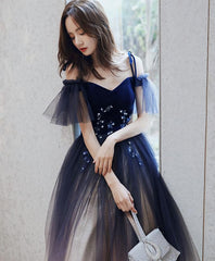 Prom Dresses For Short Girls, Blue Sweetheart Tulle Off Shoulder Long Prom Dress, Blue Evening Dress