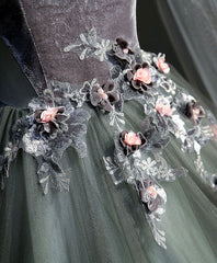 Party Dress Size 22, Gray Green Tulle Lace Long Prom Dress Gray Tulle Formal Dress