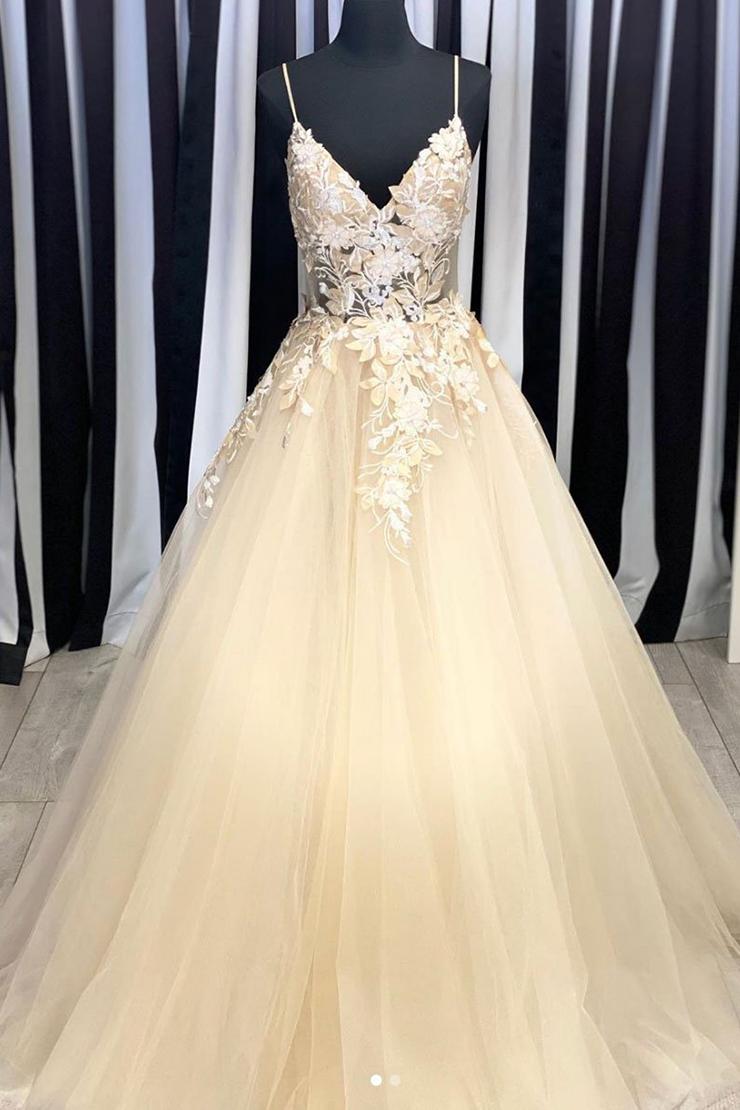 Bridesmaid Dress Dark, Champagne V Neck Tulle Lace Long Prom Dresses Evening Dresses