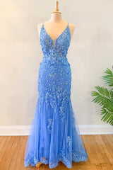 Bridesmaid Dress Fall, Blue Floral Appliques Backless Mermaid Long Prom Dress