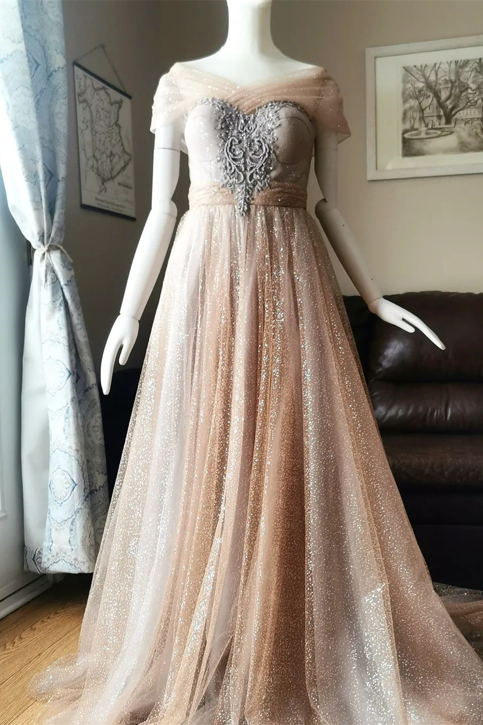 Bridesmaid Dress Tulle, Blushing Pink A-line Illusion PortraitBeaded Appliques Lace-Up Long Prom Dress