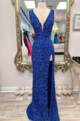 Party Dress Pinterest, Royal Blue Deep V Neck Sequins Lace-Up Long Prom Dress with Slit
