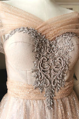 Bridesmaid Dress Chiffon, Blushing Pink A-line Illusion PortraitBeaded Appliques Lace-Up Long Prom Dress