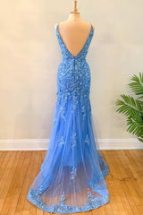 Bridesmaids Dress Fall, Blue Floral Appliques Backless Mermaid Long Prom Dress