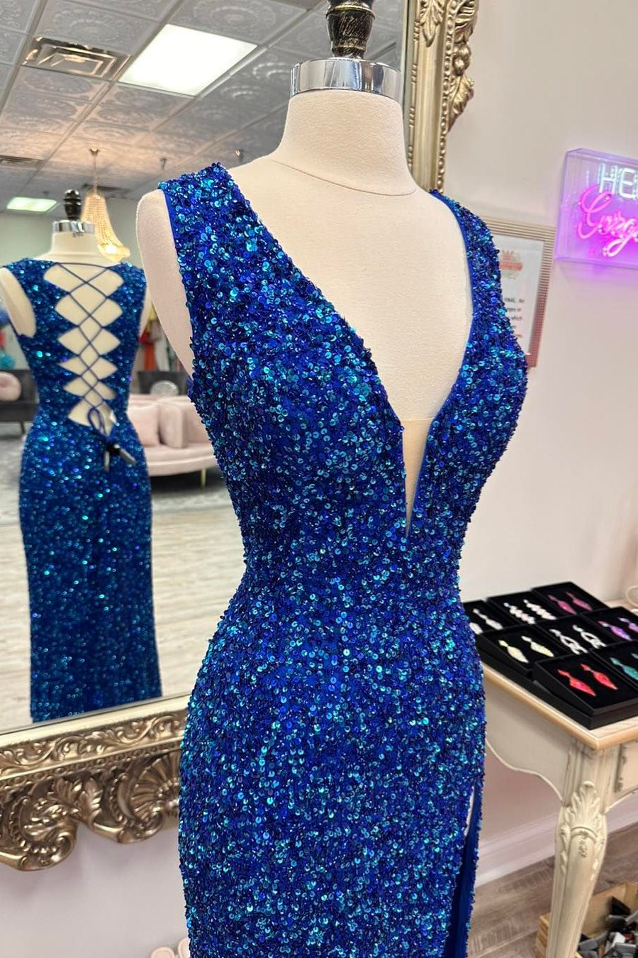 Party Dress Brands Usa, Royal Blue Deep V Neck Sequins Lace-Up Long Prom Dress with Slit
