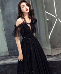 Sundress, Black Tulle Off Shoulder Long Prom Dress, Black Formal Dress