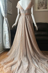 Bridesmaids Dress Chiffon, Blushing Pink A-line Illusion PortraitBeaded Appliques Lace-Up Long Prom Dress