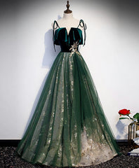Evening Dress Classy, Green Tulle Lace Long Prom Dress, Green Tulle Lace Formal Dress, 1