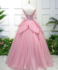 Homecome Dresses Short Prom, Pink V Neck Tulle Lace Applique Long Prom Dress, Pink Evening Dress, 1