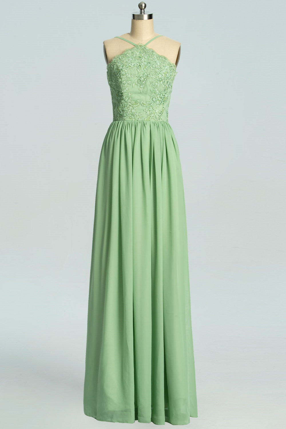 Formal Dresses, Straps Sage Green Chiffon Appliques Long Bridesmaid Dress
