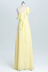 Prom Dress Long Sleeves, One Shoulder Yellow Ruffles A-line Long Bridesmaid Dress