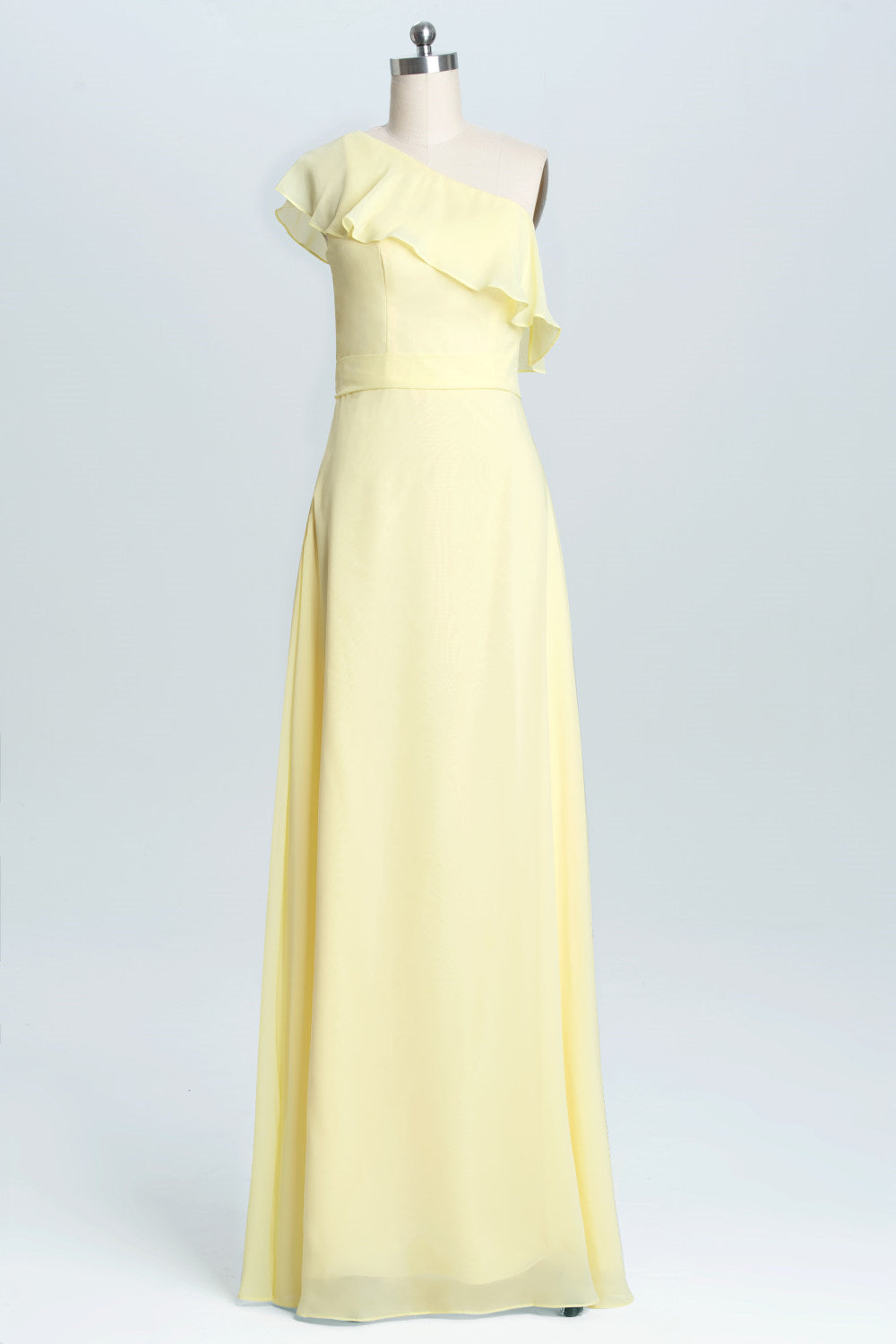 Prom Dresses Long Sleeve, One Shoulder Yellow Ruffles A-line Long Bridesmaid Dress