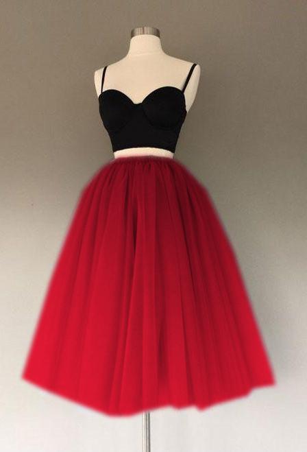 Bridesmaid Dresses Color Scheme, Red And Black Two Pieces Tulle Sweetheart Spaghetti Straps Short Prom Dresses