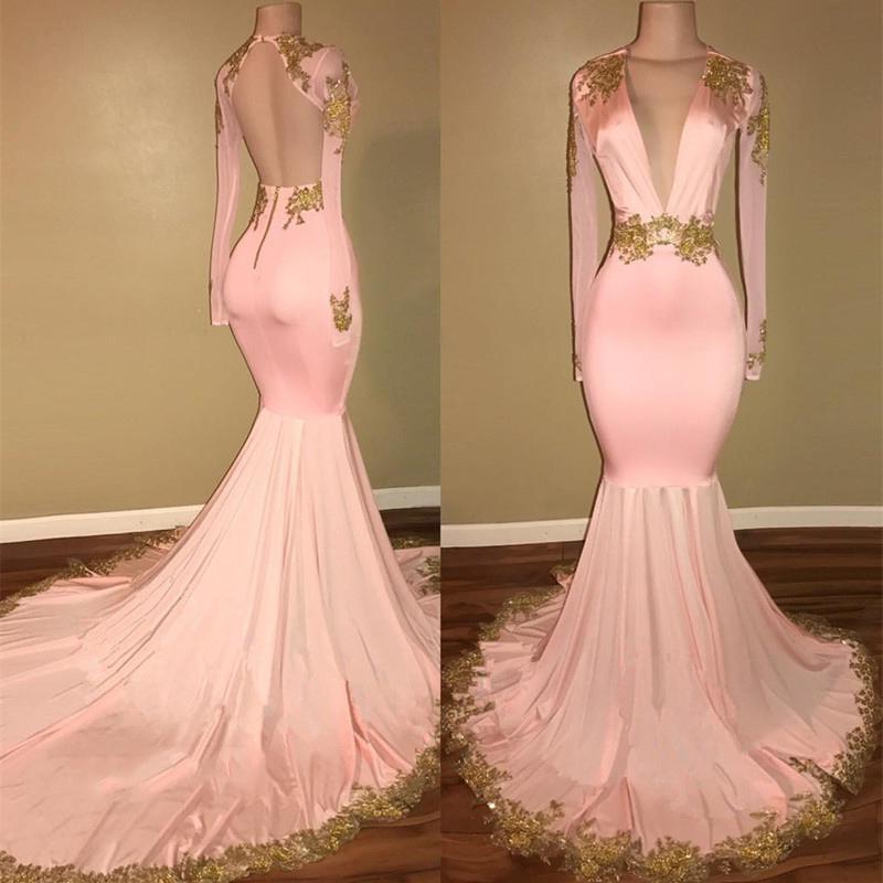 Bridesmaids Dresses Color Schemes, Long Sleeves Blushing Pink Deep V Neck Mermaid Backless With Gold Appliques Prom Dresses