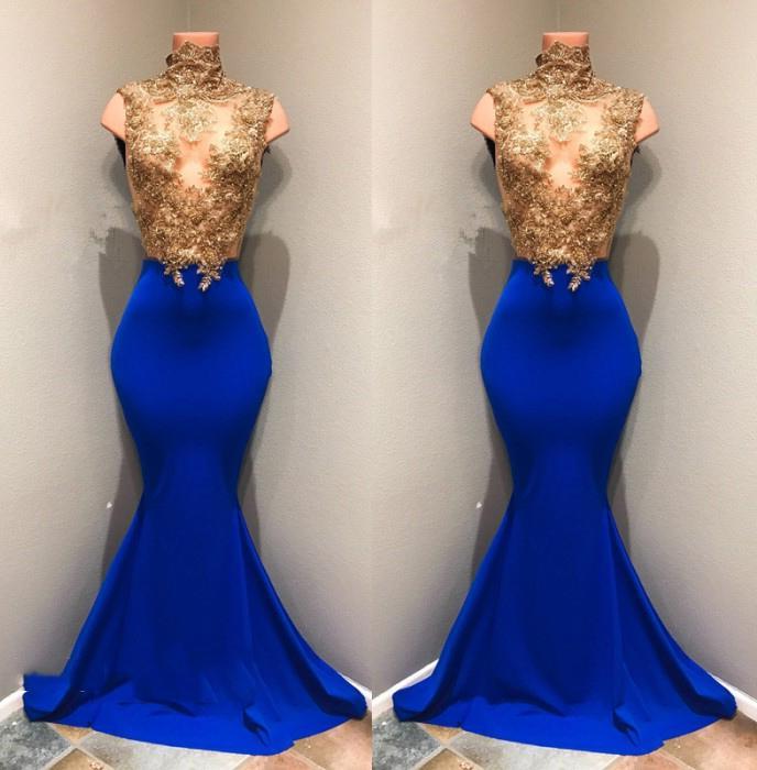 Bridesmaid Dresses Under 122, Charming Royal Blue Mermaid See Through Gold Appliques African Long Prom Dresses