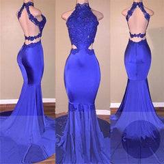 Bridesmaid Dresses Mismatching, Sexy Mermaid Royal Blue Backless With Appliques High Neck Long Prom Dresses
