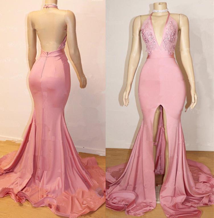 Bridesmaid Dress Colors Scheme, Sheath Pink Side Slit V Neck Backless Long High Waist Prom Dresses