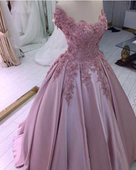 Bridesmaid Dresses Long, Charming Satin Off Shoulder Flowers Dusty Rose Ball Dresses