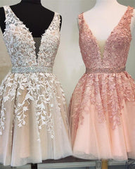 Bridesmaid Dress Ideas, New Arrival A Line V Neck Knee Length Beaded Short Prom Dresses