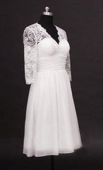 Wedding Dress Inspiration, 2024 A Line V Neck Long Sleeves Chiffon Knee Length Short Lace Wedding Dresses