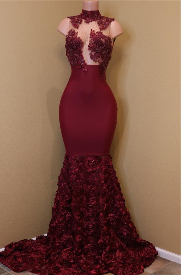 Semi Formal Dress, 2024 New Arrival Mermaid Burgundy High Neck Rose Ruffles Sleeveless Long African American Prom Dress