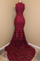 Purple Dress, 2024 New Arrival Mermaid Burgundy High Neck Rose Ruffles Sleeveless Long African American Prom Dress