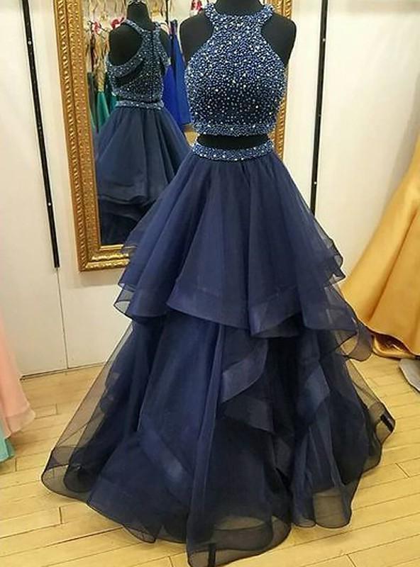 Bridesmaid Dresses Formal, 2024 A Line Ruffles Tulle Navy Blue High Neck Two Pieces Prom Dress