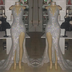 Bridesmaid Dresses Colorful, 2024 Sexy Silver Halter V-neck Side Split Sequins Prom Dresses