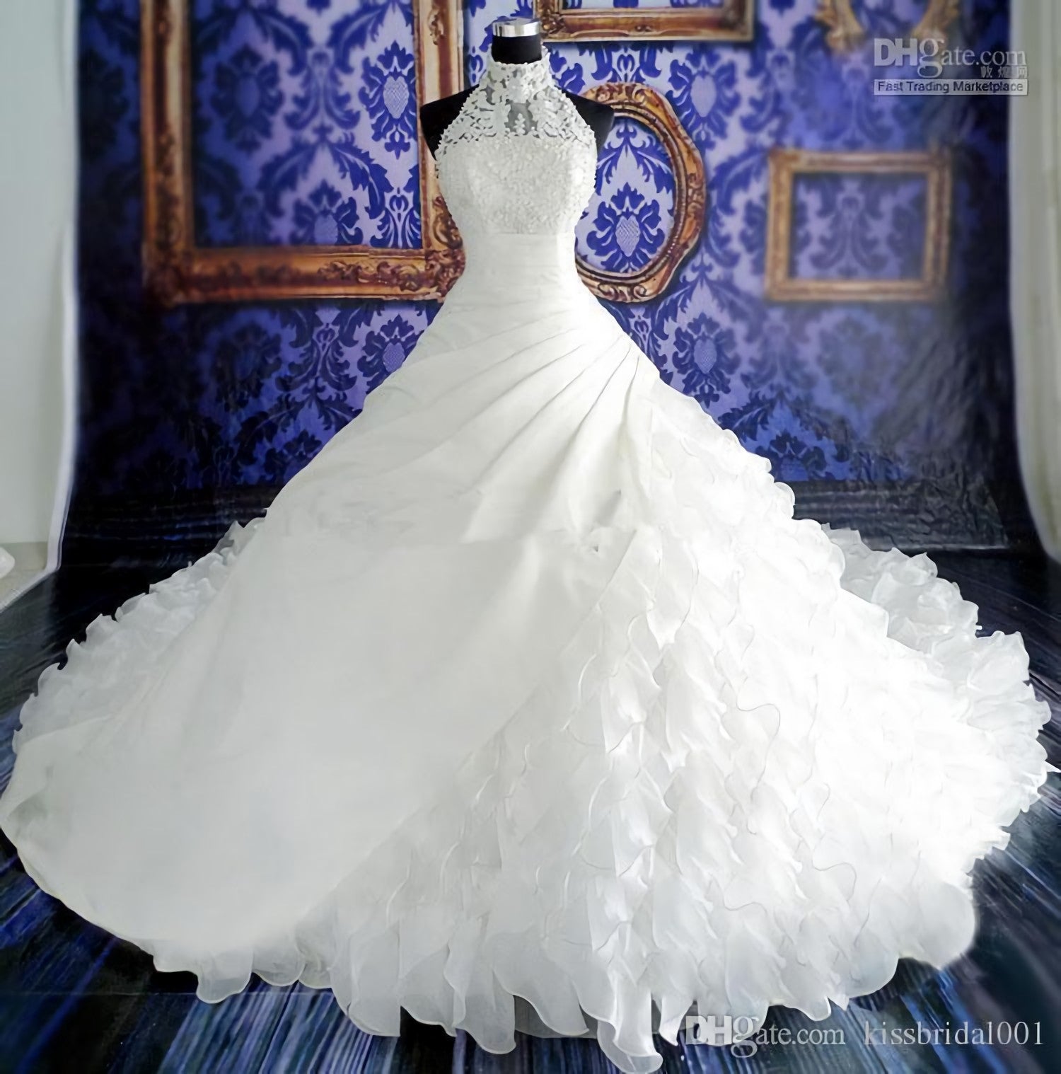 Wedding Dresses Designer, Ruching Tiers Sheer High Neck Sleeveless Lace Applique Backless Wedding Dresses