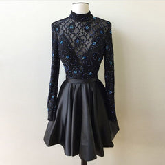 Mother Of The Bride Dress, Lace A Line Beading Satin Pleated Black Long Sleeve High Neck Short Homecoming Dresses