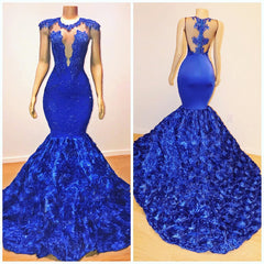 Formal Dress Long, 2024 Mermaid Royal Blue Open Front Rose Lace Prom Dresses
