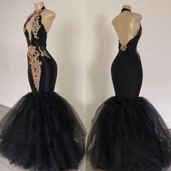 Prom Dresses 2029 Cheap, 2024 Sexy Prom Dresses, Black Mermaid Tulle With Gold Appliques V Neck Backless