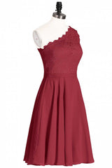 Prom Dress Long Sleeve, One-Shoulder Burgundy Lace A-Line Short Bridesmaid Dress