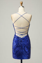 Party Dresses Classy, Royal Blue Sheath Lace-Up V Neck Sequins Homecoming Dress