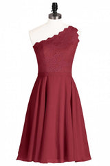 Prom Dress Shiny, One-Shoulder Burgundy Lace A-Line Short Bridesmaid Dress