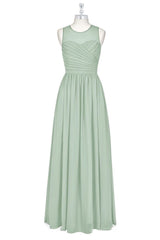 Night Out Outfit, Sage Green Chiffon Sheer Neck A-Line Long Bridesmaid Dress