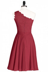 Prom Dresses Shiny, One-Shoulder Burgundy Lace A-Line Short Bridesmaid Dress