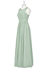 Party Dresses For Girl, Sage Green Chiffon Sheer Neck A-Line Long Bridesmaid Dress
