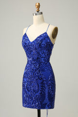 Party Dressed Short, Royal Blue Sheath Lace-Up V Neck Sequins Homecoming Dress