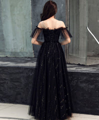 Hoco, Black Tulle Off Shoulder Long Prom Dress, Black Formal Dress
