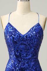 Party Dress Inspo, Royal Blue Sheath Lace-Up V Neck Sequins Homecoming Dress