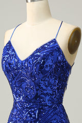 Party Dresses For 37 Year Olds, Royal Blue Sheath Lace-Up V Neck Sequins Homecoming Dress