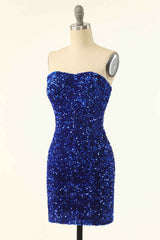 Party Dress Summer, Royal Blue Sequin Strapless Mini Homecoming Dress